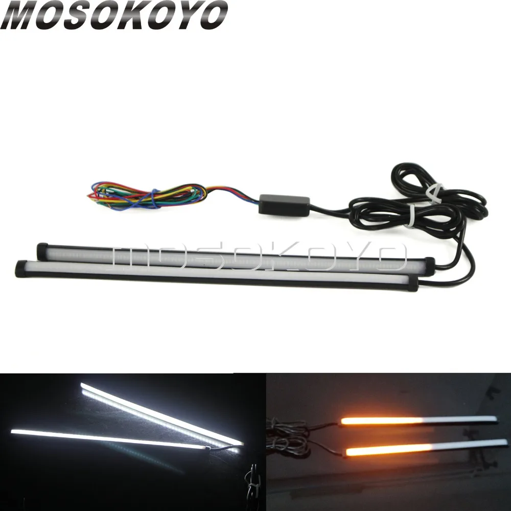 30cm Two In One White Amber Sequential LED Light Strip Switchback Following Turn Signal Light DRL for Auto Car Motorcycle Moto
