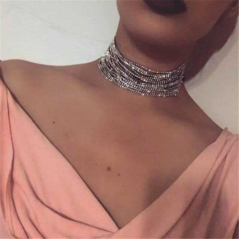 

2019 Bling Paved Rhinestone Alloy Retro Iced Out Minimalist Multi-layered Necklace For Women Jewelry Dropshipping