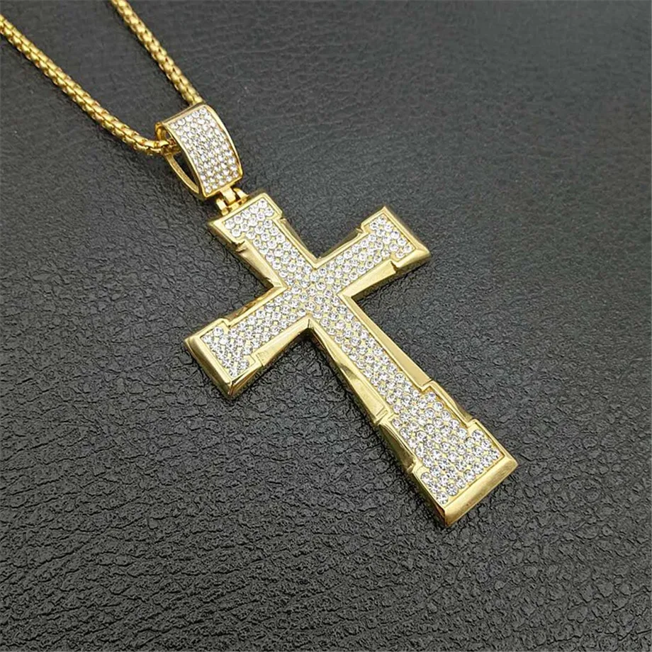 Мужской крест Христос кулон хип хоп ювелирные изделия со стразами Bling золотого цвета крестик подвесной ожерелье цепь XL1301