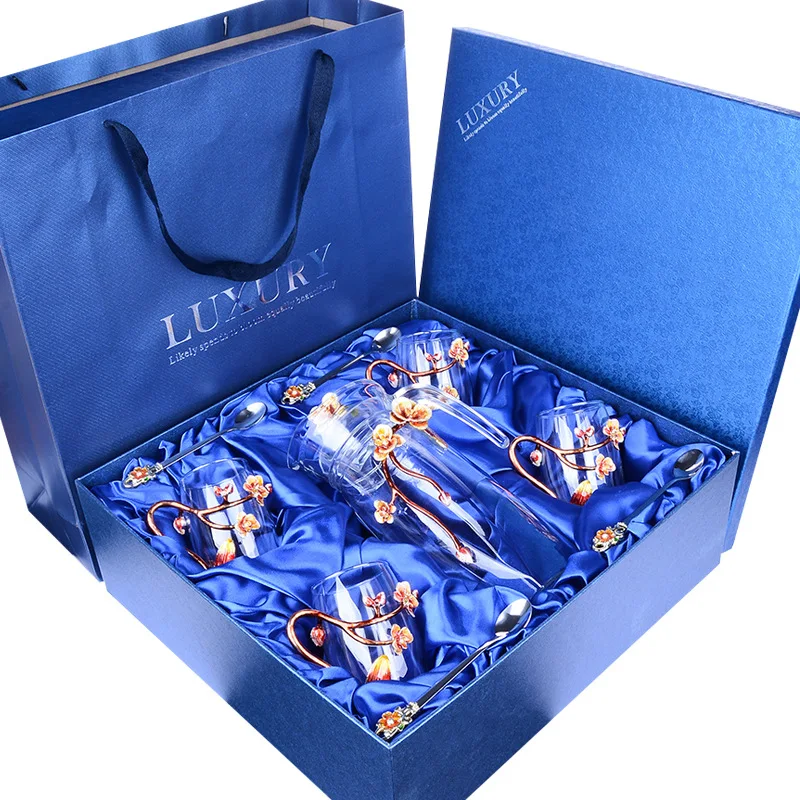 set with gift box Цветной эмалированный стеклянный чайник, европейский стиль, кофейная чашка, наборы, бытовой цветочный чай, чашка для сока, чайник, подарочная коробка - Цвет: set with gift box