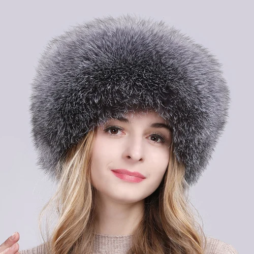 blue grey Женская шапка из натурального Лисьего меха для русской зимы, теплая мягкая пушистая шапка из меха лисы, роскошная женская качественная шапка-бомбер из натурального Лисьего меха - Цвет: blue grey