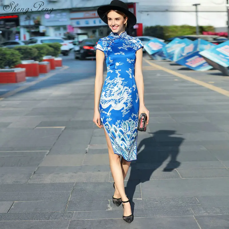 2018 Новое поступление синее китайское женское Ципао стиль Cheongsam традиционное