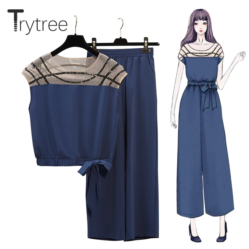 Trytree/летний женский костюм из двух предметов повседневный топ с круглым вырезом и