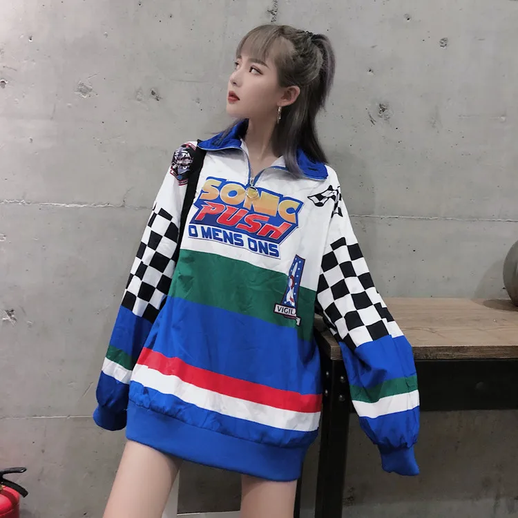 Ulzzang Корея женская одежда осень панелями плед гоночный автомобиль Harajuku негабаритных пальто на молнии Уличная толстовки кофты - Цвет: Синий