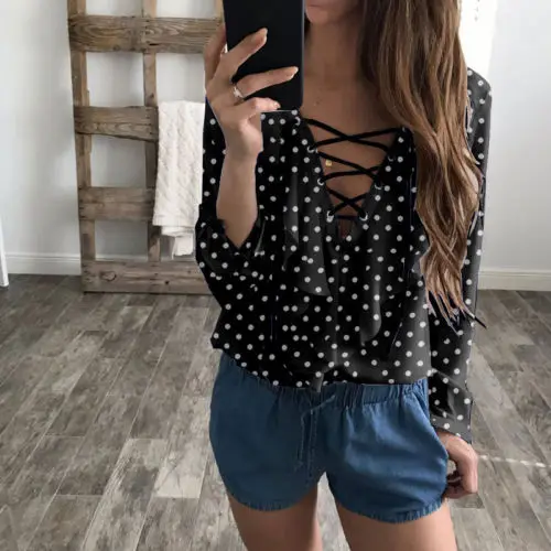Женская блузка с длинным рукавом V образным вырезом и принтом в горошек|shirt top|ruffle