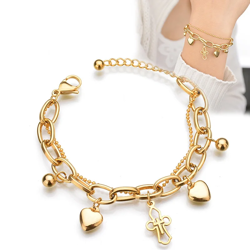 Горячая продажа золотой цвет нержавеющая сталь звено цепи крест браслет