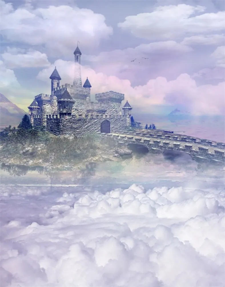 Фон для фотосъемки с изображением замка среди белых облаков 5 х7 футов |