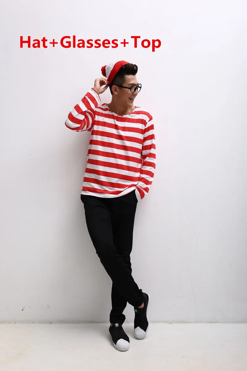 Where's Wally Красная белая шляпа топ рубашки с длинными рукавами очки женская одежда Вечерние зимние костюмы для косплея подарок - Цвет: Men