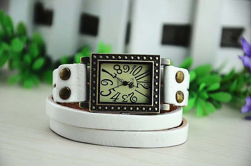 2 шт. прямоугольные часы Белый Двойной Кожаный браслет #22864|leather strand bracelet|leather snap