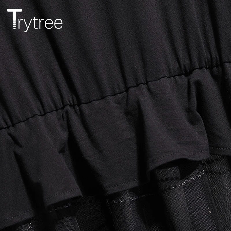 Trytree Лето Осень вышивка сетка лоскутное Повседневное платье для женщин o-образным вырезом гофрированное платье-рубашка А-силуэт модные черные платья