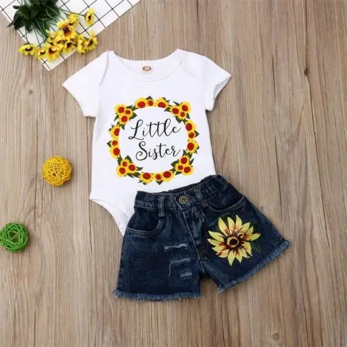 2019 Canis Summer Matching Newborn Kid Baby Little/Big Sister T-shirt Romper Shorts Outfit Clothes Sunflower Set 2Pcs | Мать и ребенок