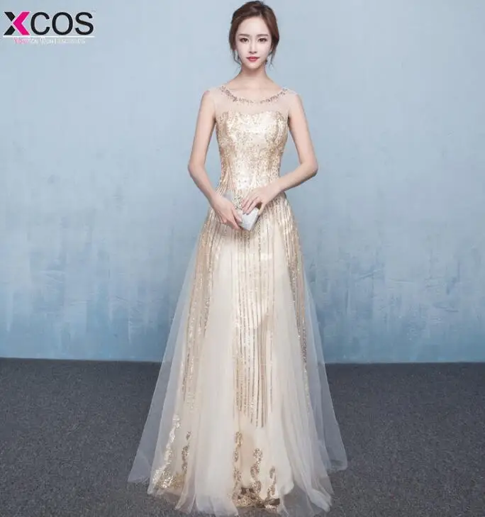 as the picture Vestidos largos Xcos женские элегантные, цвета шампанского золотое платье с блестками ТРАПЕЦИЕВИДНОЕ вечернее платье Вечерние Длинное Платье на выпускной - Цвет: as the picture