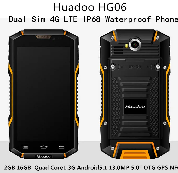Huadoo HG06 Dual Sim 4G LTE IP68 Водонепроницаемый телефон 3 ГБ 32 Quad Core1.3Ghz Android5.1 13.0MP 5 0 &quotips OTG gps