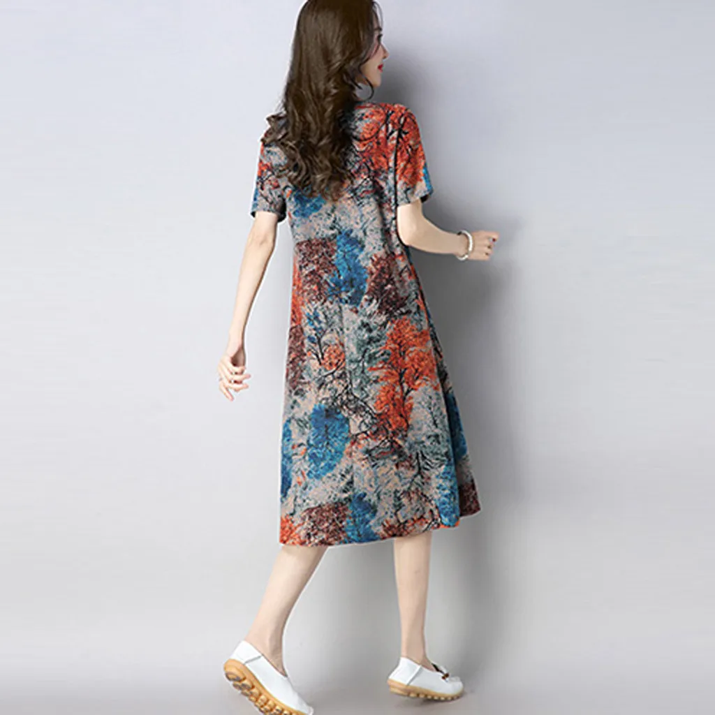 Модный женский короткий рукав с О образным вырезом карман хлопковый текстиль