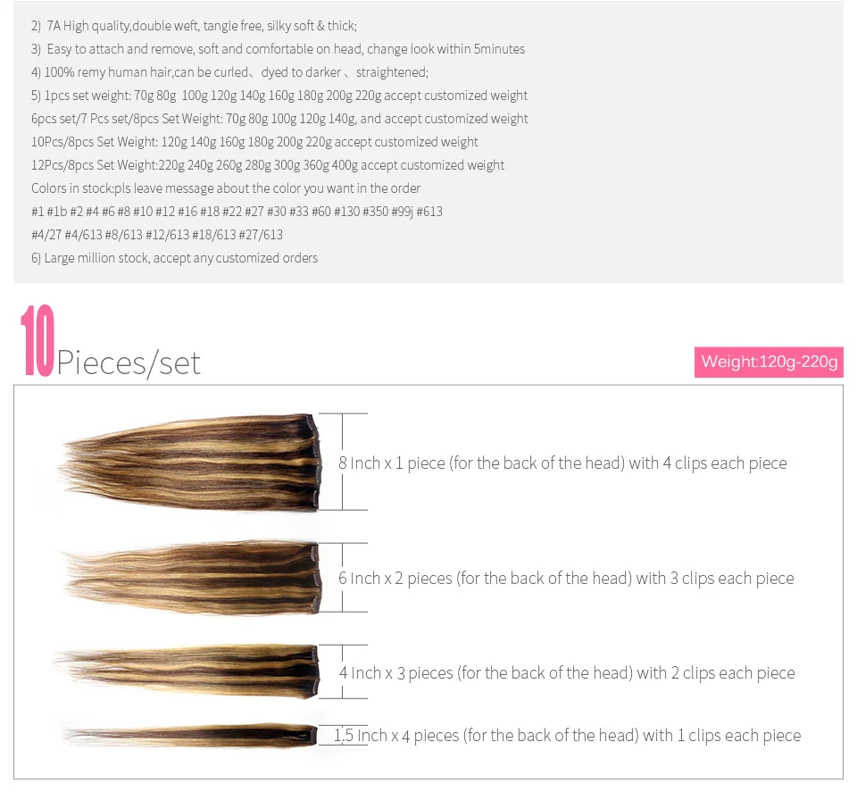 ZZHAIR, 140 г-280 г, 1"-28", волосы remy для машинного производства, 10 шт. в наборе, человеческие волосы для наращивания на заколках, набор на всю голову, Натуральные Прямые Волосы