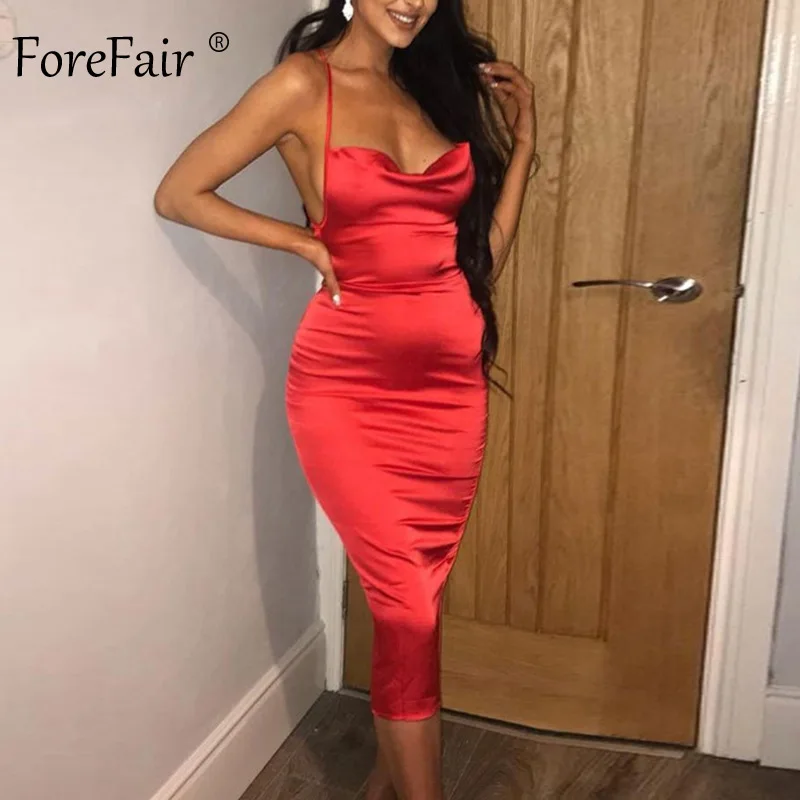 Red Dress Forefair сексуальное платье атласное платье-комбинация облегающее платье с открытой спиной на бретелях с открытыми плечами платье миди Открытое платье без рукавов Бандажное платье на бретельках летнее платье Для женщин - Цвет: Red Dress