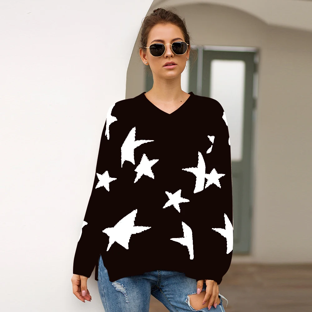 Star Sweater Women Fall Lazy Oaf Pullovers V Neck Long Sleeve Loose Knite 2019 Winter Clothes | Женская одежда
