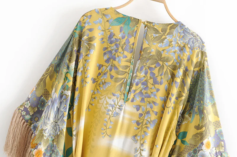 Летние шикарные Boho кисточкой сращены кимоно с цветочным принтом платье модные женские туфли с v-образным вырезом рукав "летучая мышь" Мини платья повседневные платья