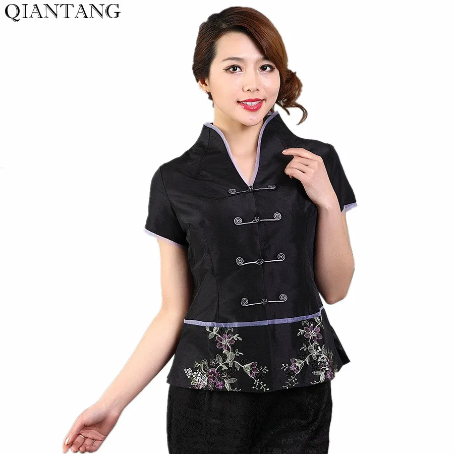 Новое поступление черная китайская женская блузка Mujere Camisa шелковая атласная
