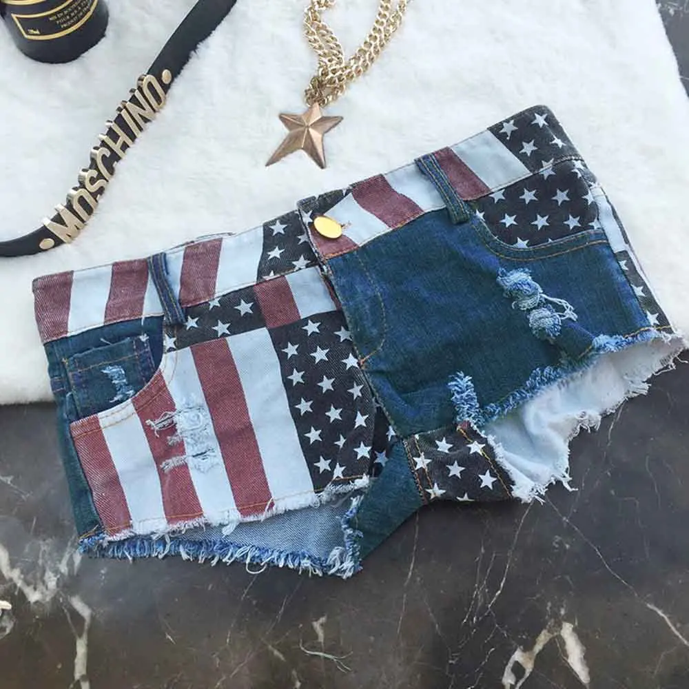 Женские пикантные шорты 388 штаны с американским флагом для девочек джинсовые