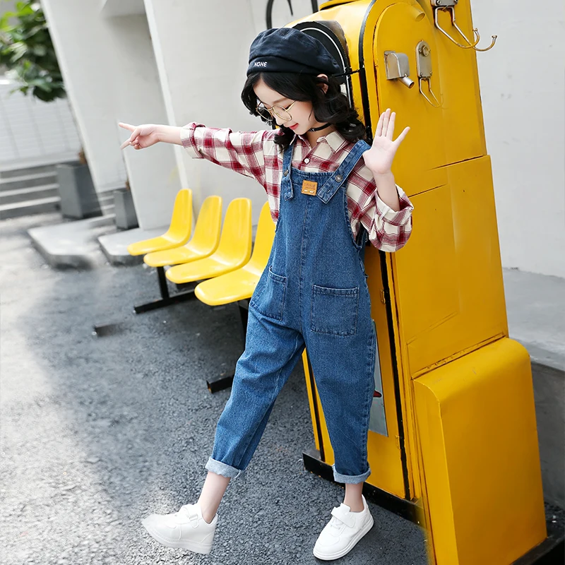 Kids Clothing Sets For Girls Denim Overalls Spring Autumn Plaid Blouses Shirts Children Jeans Pants 4 6 8 10 12 Years | Детская одежда