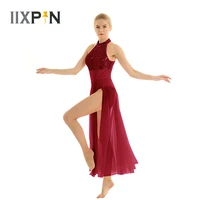 adult ballet dress ballerine femme sequined mesh maxi lyrical dance costume with built in leotard sleeveless halter dance dress