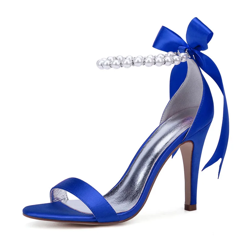 royal blue OnnPnnQ/атласные свадебные босоножки на высоком каблуке; женская обувь с открытым носком и жемчугом; обувь для выпускного; обувь для торжественных случаев; женские модельные босоножки - Цвет: royal blue