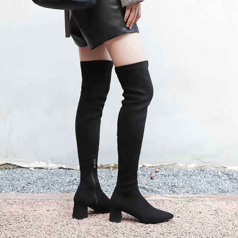 

TXCNMB Elastic Microfiber Boots Women Over The Knee Flock Leather Women Shoes Woman Long Booties Pointed Toe High Heel