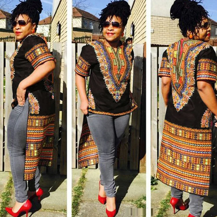 Африканская Одежда Для Женщин Дашики с коротким рукавом черное летнее платье