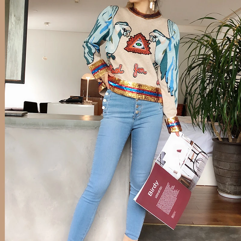 Осень 2018 Женский Топ с блестками женский свитер длинным рукавом вышивкой в виде