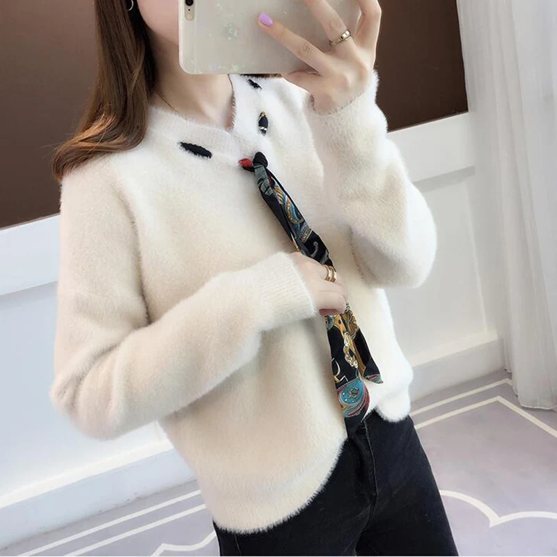 TIGENA милый Зимний пуловер из искусственного меха с бантом женский джемпер 2019