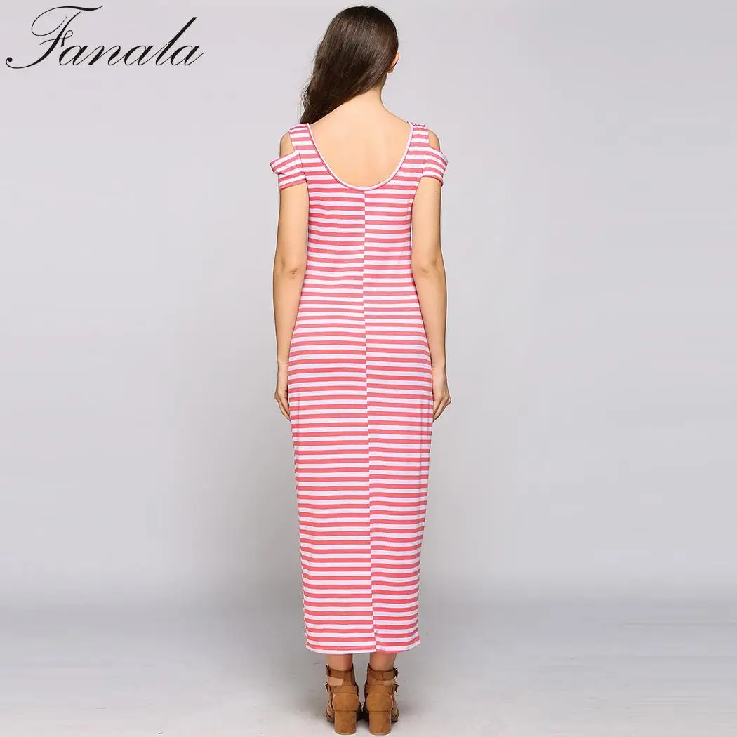 С открытыми плечами с круглым вырезом Полосатый Макси платье-футляр | Женская