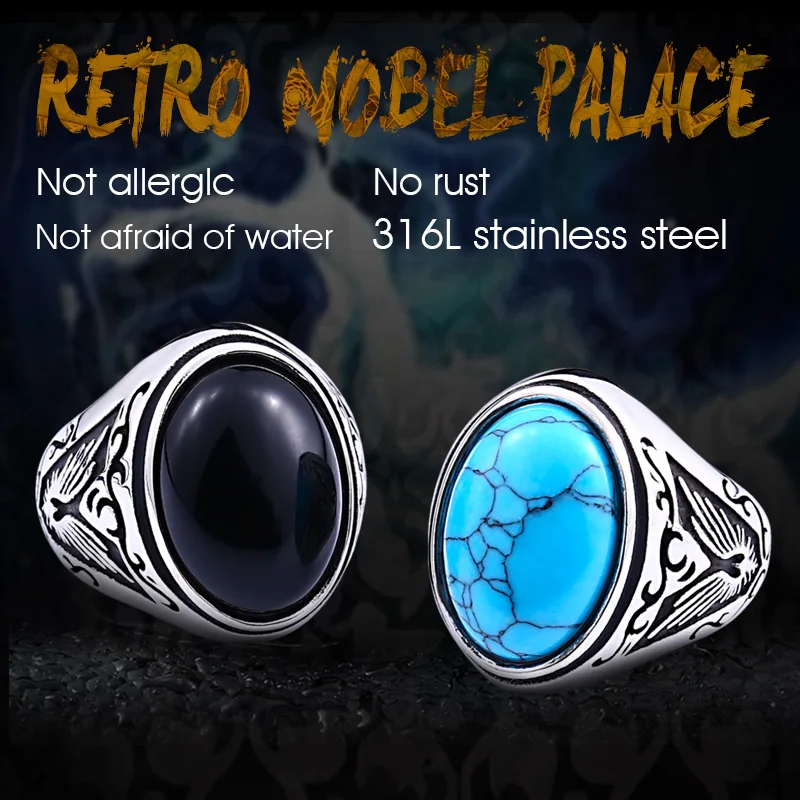 Beier 316L Stainless Steel Natural Oval Opal Green Stone Ring Vintage Nobel Palace Product For Woman Man LR633