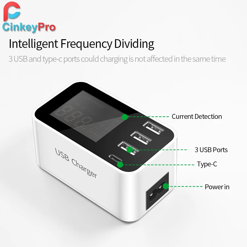 Зарядное устройство CinkeyPro со светодиодным дисплеем 3 порта USB Type C для Samsung iPhone iPad