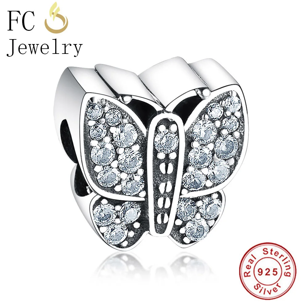 FC ювелирное изделие, браслет Pandora, 925 пробы, серебро, животное, Бабочка, эмаль, кошка, радужная подвеска, бисер, Berloque, сделай сам