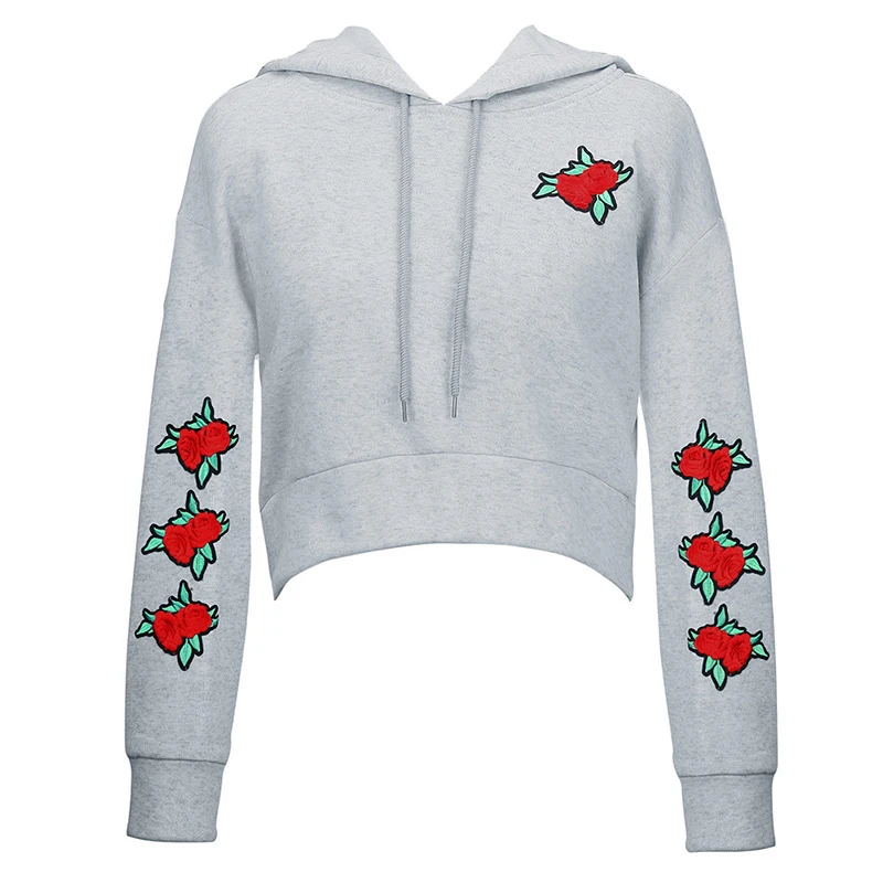 Мода 2017 Осень Женский Укороченный свитшот с капюшоном Цветочная вышивка