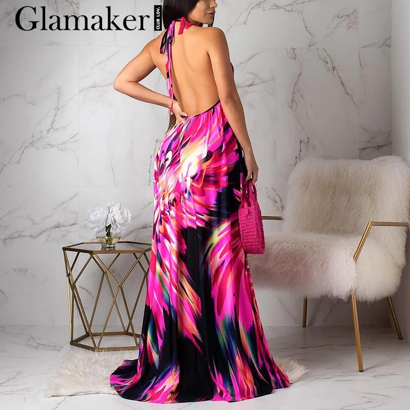 Glamaker пикантные boho нарядное платье макси для женщин цветочный принт Холтер спинки Дамы bodycon платье элегантные пляжные Вечерние Длинное