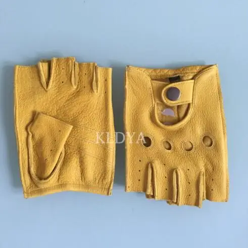 Lemon yellow Весенние мужские кожаные перчатки для вождения без подкладки, перчатки из козьей кожи без пальцев, перчатки для спортзала, фитнеса, варежки - Цвет: Lemon yellow
