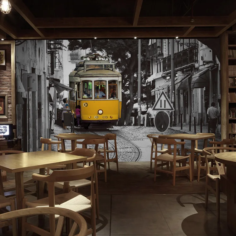 3D фотообои в гонконгском стиле ретро ностальгия здание улица Автобус Бар лаундж