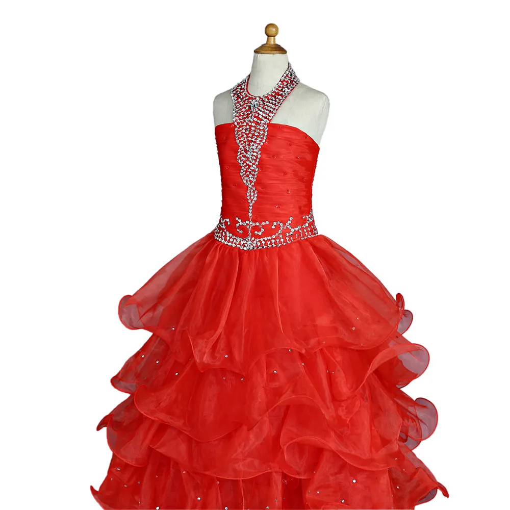 

Red Girls Pageant Dresses For Weddings Ball Gown Halter Organza Tiered Beaded Crystals Flower Girl Dresses For Little Girls