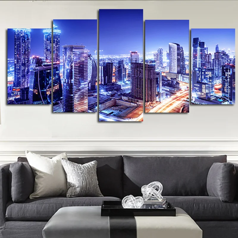 Настенная Картина на холсте с 5 плоскостями синие ночные городские современные