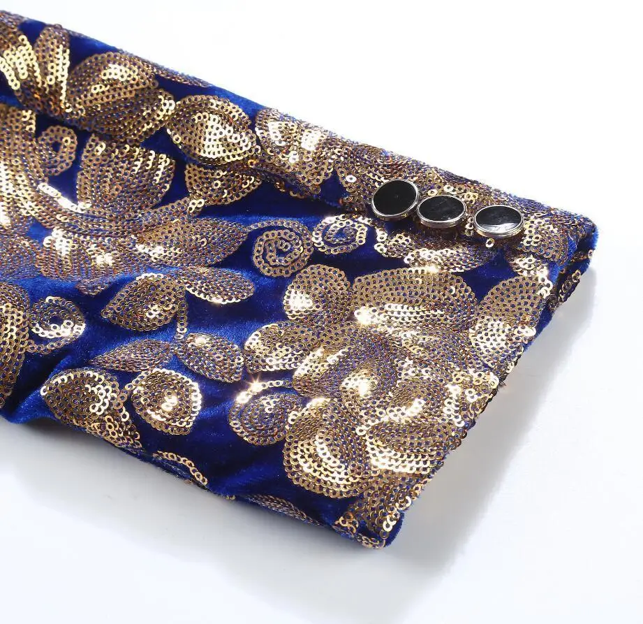 

PYJTRL Men Stylish Shawl Lapel Royal Blue Velvet Slim Fit Blazer Plus Size 5XL Gold Floral Sequins DJ Singer Wedding Suit Jacket