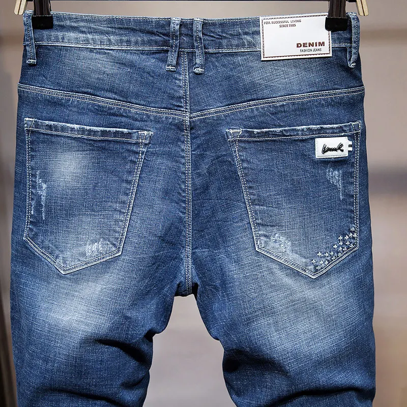 

2018 New Fashion Knee Length Mens Short Jeans Stretch Scratched Summer Breathable Denim Shorts Pants Male Bottoms Blue 8031