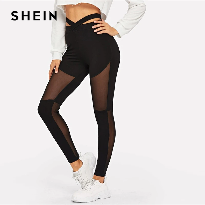 SHEIN Контрастные Сетчатые Однотонные Леггинсы, Леггинсы С Прозрачными Вставками, Стильные Спортивные Леггинсы