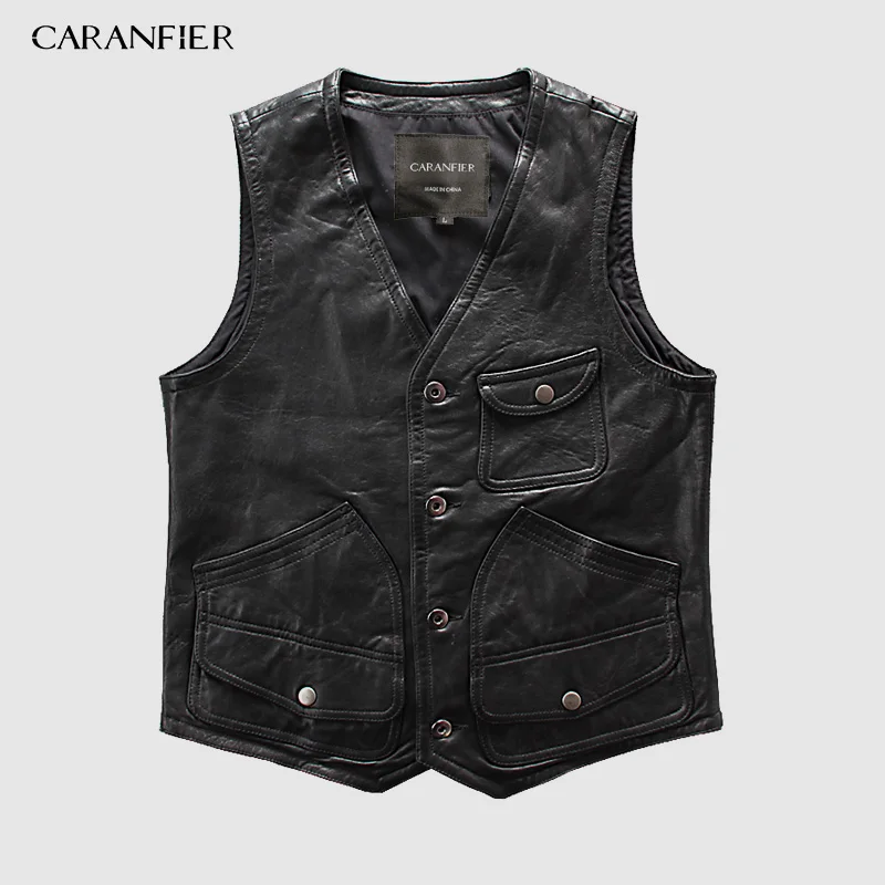 

CARANFIER мужской жилет из овчины в стиле ретро, мотоциклетный жилет с множеством карманов, Байкерский короткий жилет без рукавов, мужской жилет...