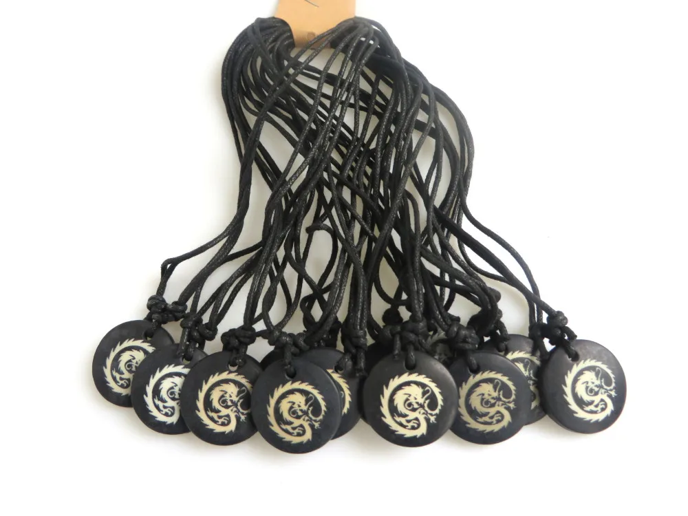 

Wholesale Lot 12pcs Black Yak Bone Carving Dragon Totem Round Amulet Pendant Necklace