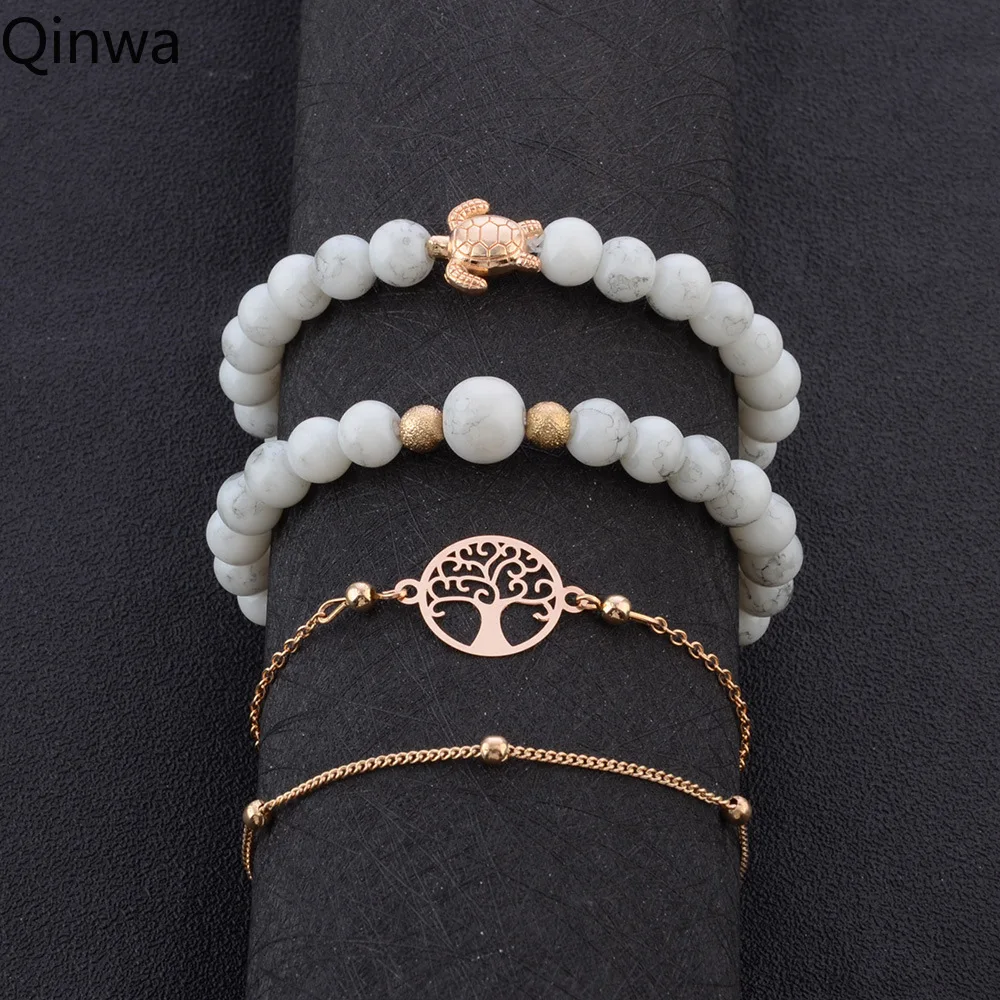 2019 New 4 pcs/set Tree of life Charm Bracelet Set For Women Turtle Beads Link Chain Bangles Jewelry Accessories | Украшения и