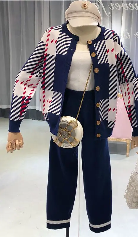 Navy Pant Set Amolapha Женский вязаный полосатый кардиган+ брюки 2 шт. комплекты одежды вязаный кардиган+ юбки костюмы - Цвет: Navy Pant Set