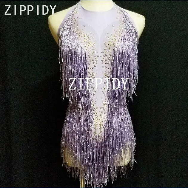 Purple Or Red Tassel Rhinestones Stretch Bodysuit Women's Birthday Performance Female Singer Dance Wear Nightclub Sexy Costume