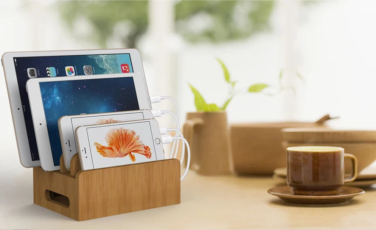 Бамбук Стенд Multi устройство Desktop Шнуры Организатор док станции зарядки Держатель